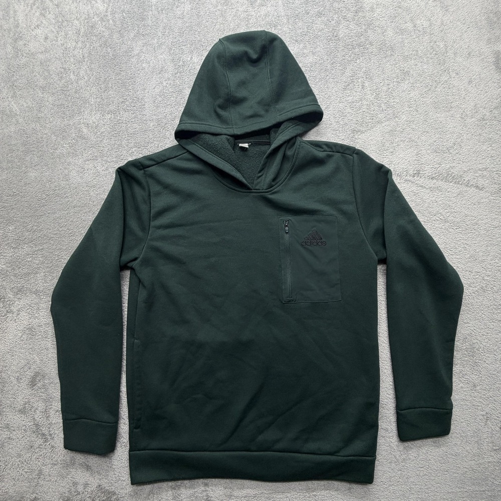 Adidas Hoodie Mens Large Green Fleece Pullover Chest Zip Pocket Logo Sweatshirt